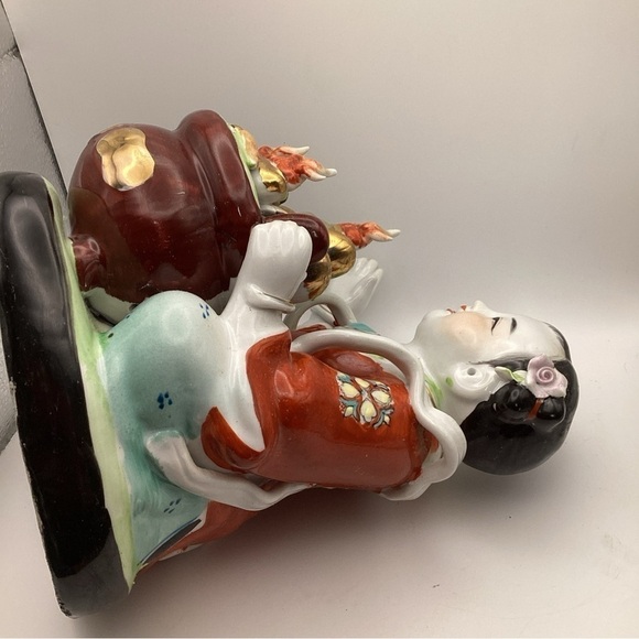 Vtg Chinese Lucky Lady Porcelain Figurine 8” Smiling Face Cooking Pot Flowers - Picture 7 of 8